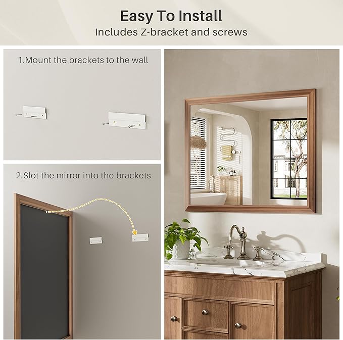 72x36 Inch Bathroom Mirror for Wall, Anti-Rust Walnut Wood Grain Metal Framed - Image 5