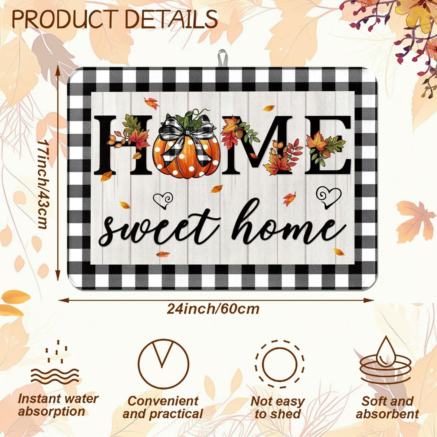 Autumn Fall Drying Mat Kitchen Countertop Pumpkin Black And White Check sweet Home 18 X 24 Inch Kitchen Coffee Bar Decoration, Absorbent Drying Mat