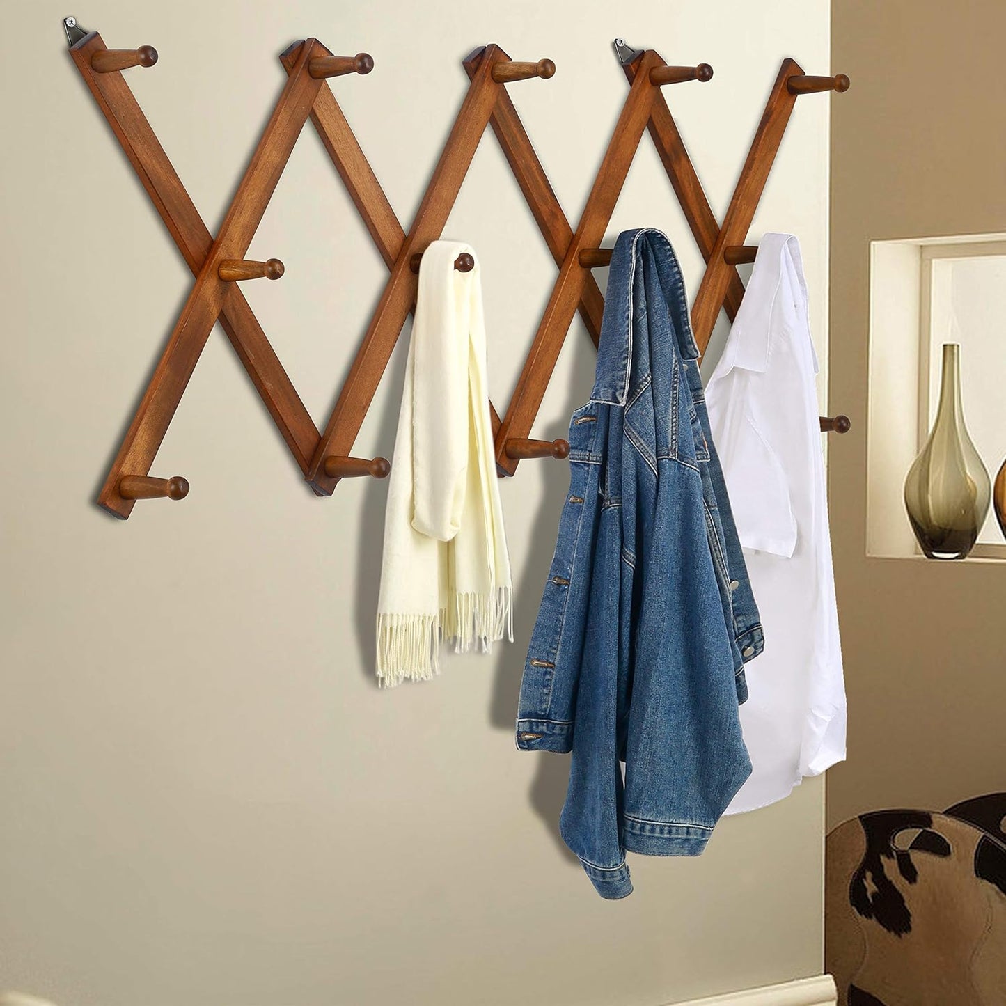 Dseap Accordian Wall Hanger: 16” High Wooden Wall Expandable Coat Rack, Hat Rack Holder, Accordion Hook for Baseball Caps, Coats, Mugs, 14 Peg Hooks, Brown
