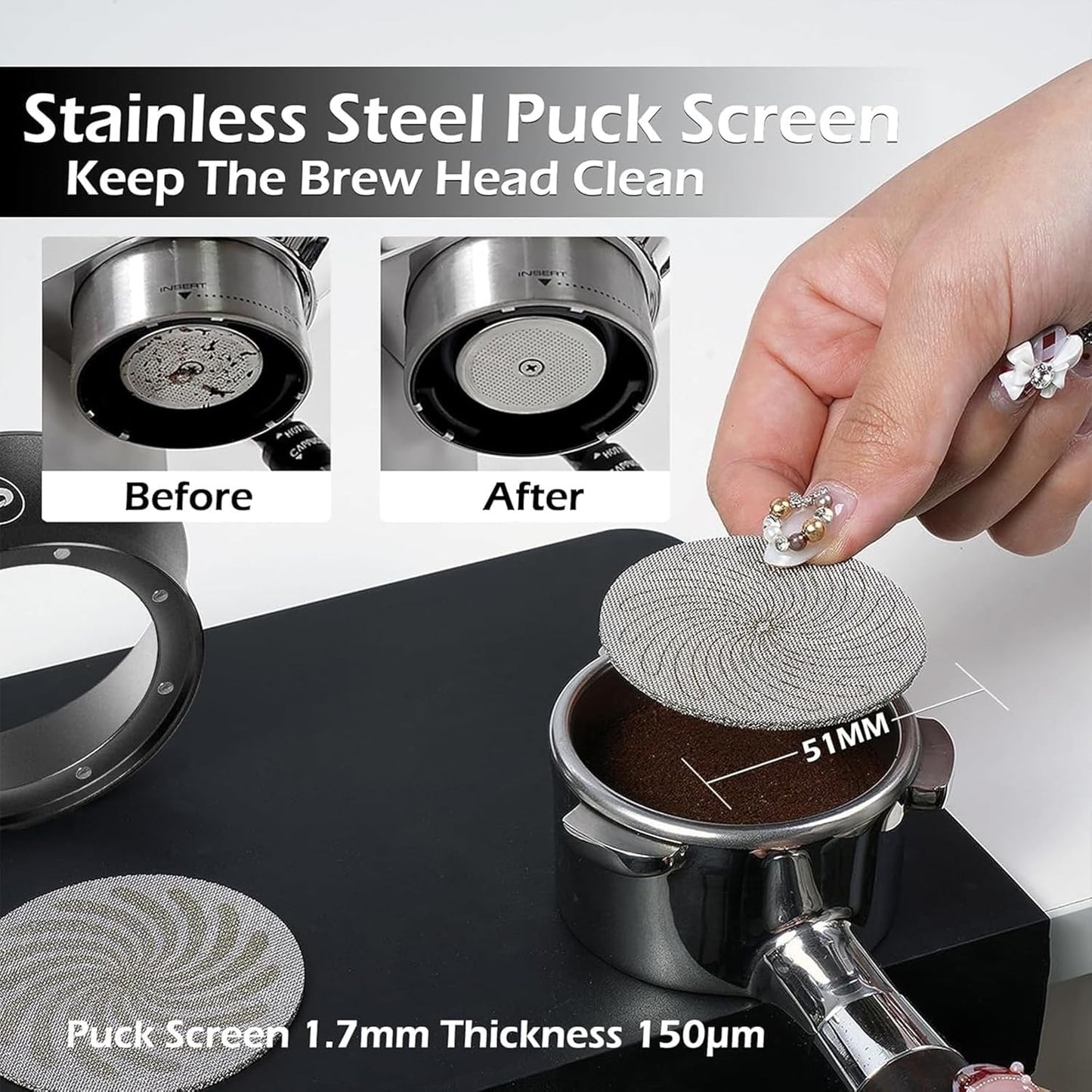 PUSEE 54mm Magnetic Dosing Funnel & Puck Screen Set 8 Magnetic Espresso Coffee Dosing Ring Reusable 1.7mm Puck Screen 316 Stainless Steel Fits All 54mm Portafilters Espresso Tools Espresso Accessories