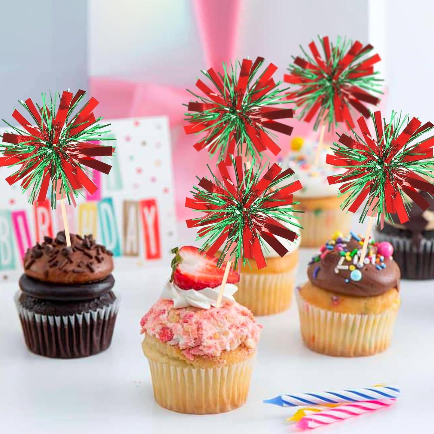 30 PCS Foil Firework Cupcake Toppers Sparkle Tinsel Cupcake Picks Happy Birthday Cake Decorations Drink Stirrers Cocktail Food Fruit Toothpicks for Baby Shower Graduation Party Supplies Red Green