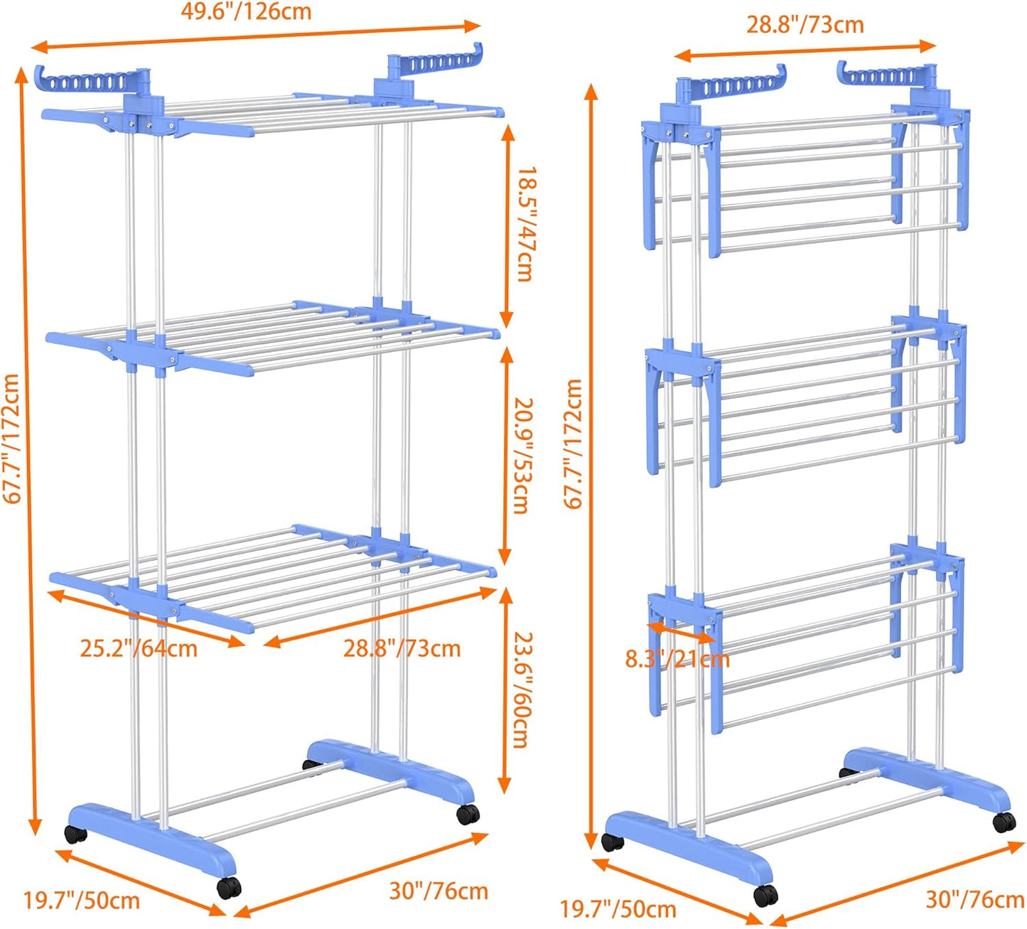 HOMIDEC Clothes Drying Rack, Large 4-Tier Foldable Drying Rack Clothing (67.7H x 19.7W x 30L Inches), Movable with 4 Castors. Multifunctional Stainless Steel Laundry Drying Rack, Blue
