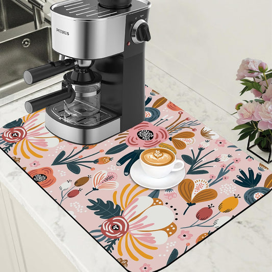 Dish Drying Mat Pink Flowers Berries Leaves Coffee Bar Mat for Countertop Absorbent Hide Stain Rubber Backed Dish Drainer Rack Pad Espresso Machine Dining Room Decor 15.7 x 23.6 Inch