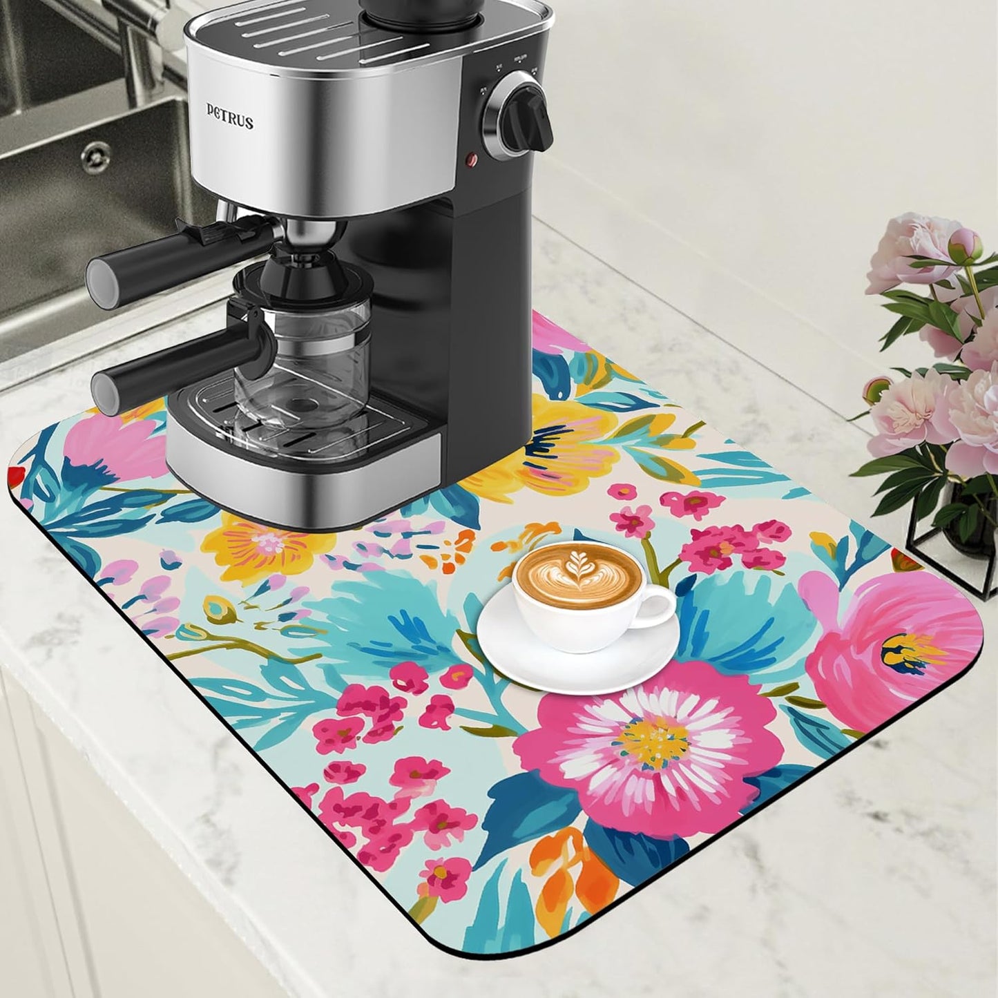 Watercolor Floral Dish Drying Mat for Kitchen Counter Coffee Bar Mat Hide Stain Absorbent Rubber Backed Coffee Maker Espresso Machine Accessories 11.8 x 19.7 Inch
