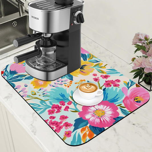 Watercolor Floral Dish Drying Mat for Kitchen Counter Coffee Bar Mat Hide Stain Absorbent Rubber Backed Coffee Maker Espresso Machine Accessories 11.8 x 19.7 Inch