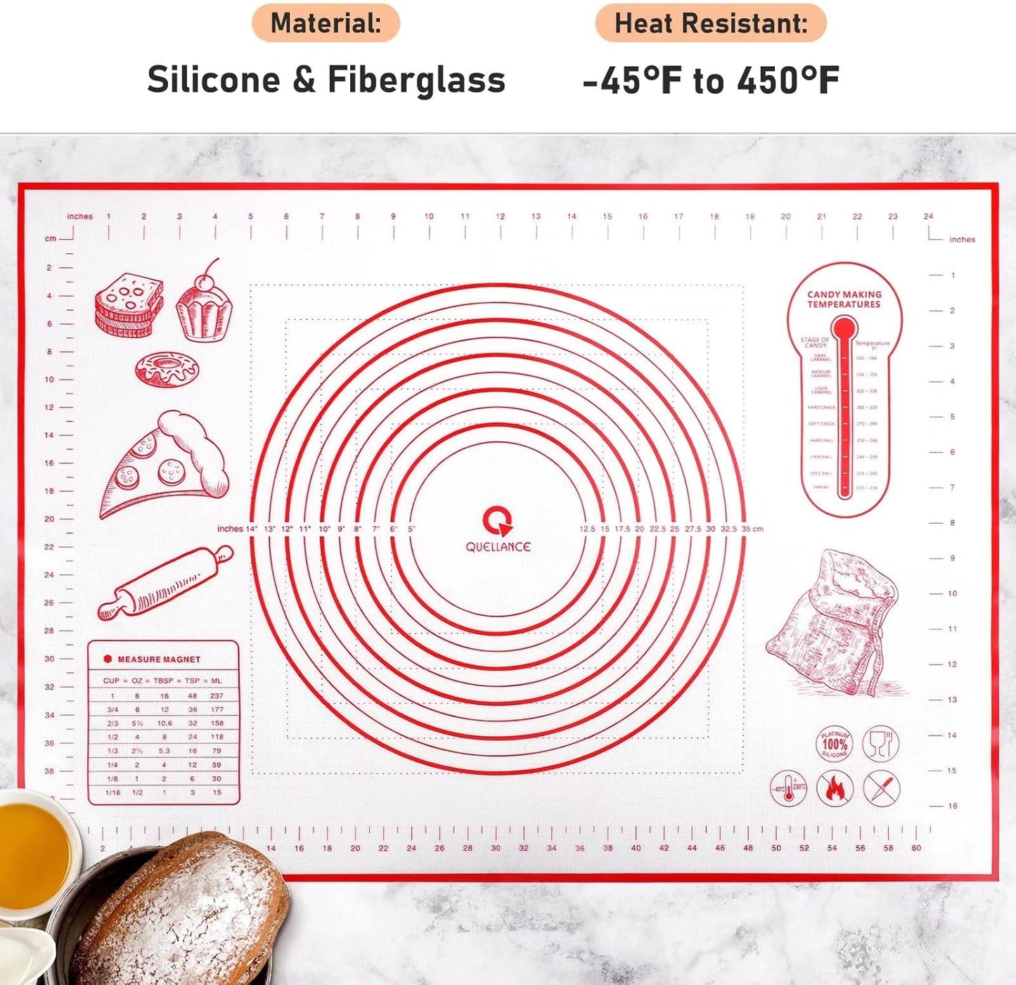 Silicone Baking Mat with Measurements, Pastry Mat for Rolling Out Dough, Kitchen Counter Mat, Red, 20" x 28", Fondant Mat/Oven Liner Mat