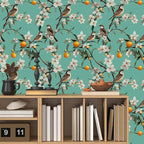 Teal White Bird Floral Wallpaper Peel and Stick, Fresh Orange Tree Contact Paper - Image 3