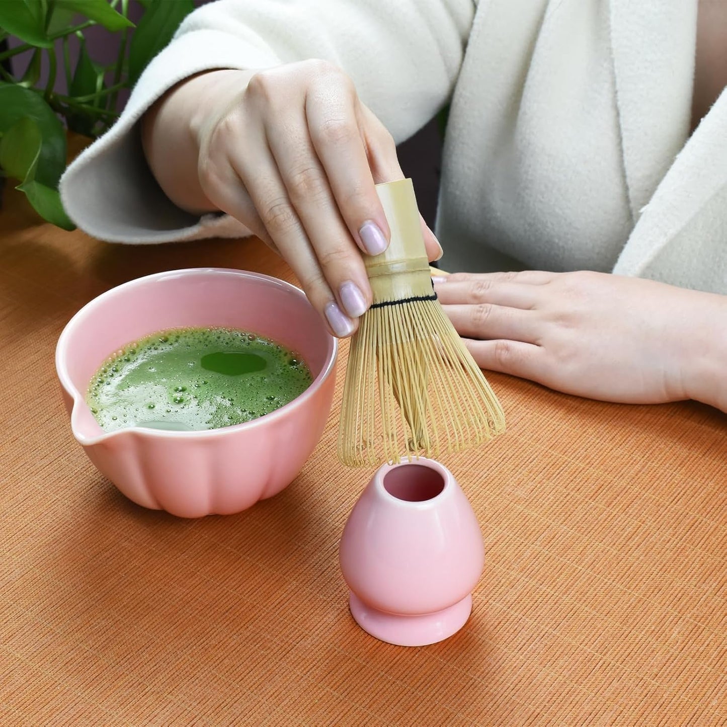 Artcome 4 Pcs Japanese Matcha Tea Set - Matcha Bowl with Pouring Spout, Matcha Whisk, Tea Scoop, Whisk Holder, Handmade Matcha Ceremony Kit For Japanese Tea Ceremony, Rose