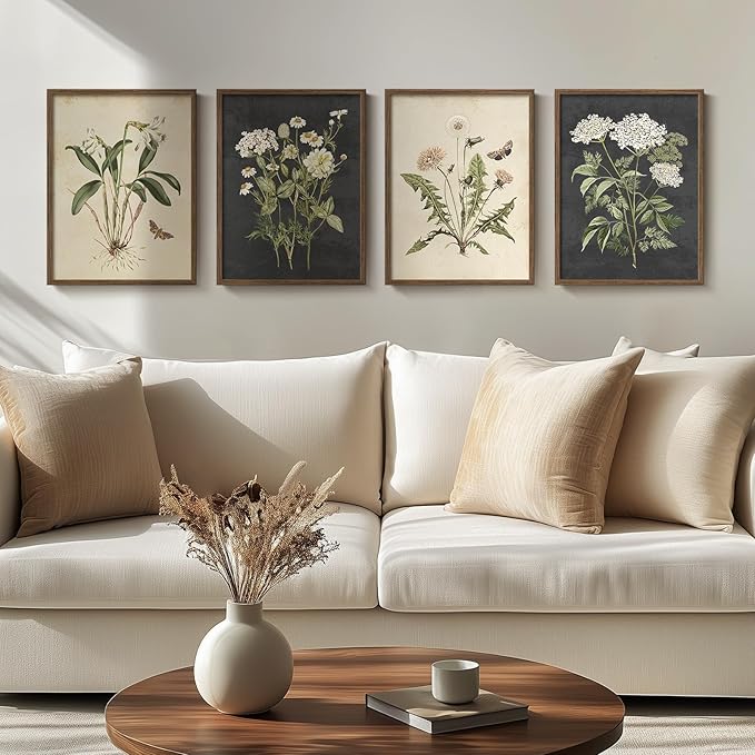 Framed Botanical Wall Art for Living Room, 4 Piece Rustic Floral Canvas - Image 8