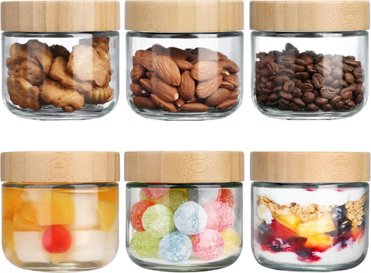 OcePor 6 Pack 10oz Glass Jars with Bamboo Lids, Over Night Oats Container with Airtight Lid, Glass Snack Storage Salad Jars For Food, Yogurt, Sugar and Flour,Coffee Bean, Cookie, Cereal