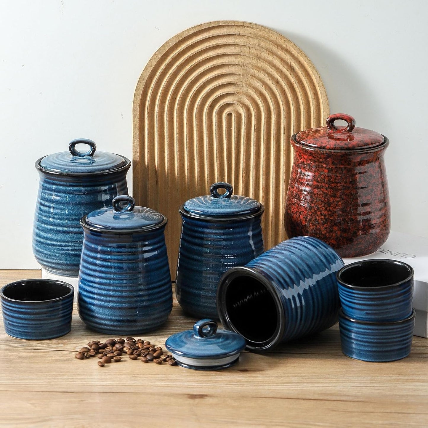 Ceramic Kitchen Canister, Large Food Storage Jar with Aritight Lid for Coffee,Tea,Sugar,Flour,Cookie,Candy,Cereal,Dog Treat, 35 oz Coffee Canister for Kitchen Countertop, Blue