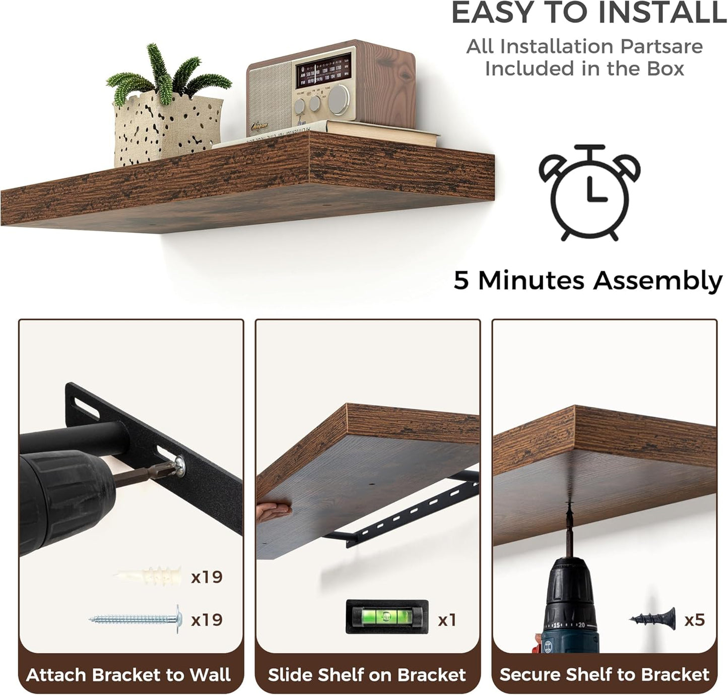 Floating Shelves - 2 Large Wall Mounted Shelves with Invisible Brackets, Long Wood Floating Wall Shelf for Living Room, Bedroom, Kitchen (Brown, 36" W x 9" D x 1.5" H)