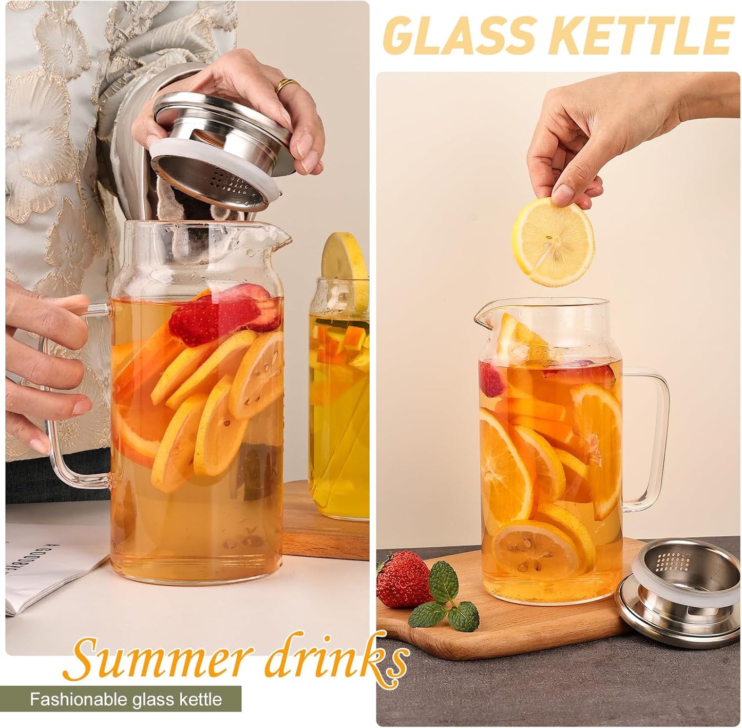 Set of 2 Glass Pitcher with Lid, 1200ml Leak Proof,Glass Water Jugs, BPA-Free,Microwave & Dishwasher Safe Pitcher,Sun & Iced Tea, Sangria,Cold Brew Coffee & More