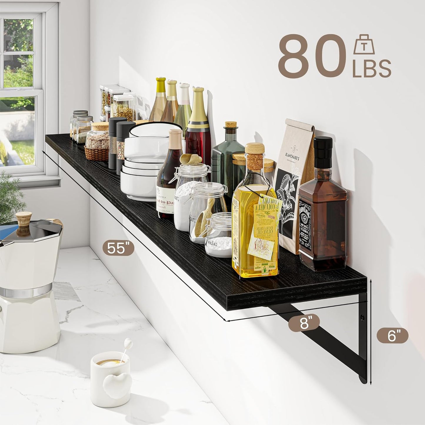 Dreamland 8 inch Deep Floating Shelves for Wall, 55W x 8D Wall Mounted Shelves Set of 2, Wide Display Ledge Shelf with Sturdy Metal Brackets for Living Room, Bathroom, Bedroom and Kitchen, Black