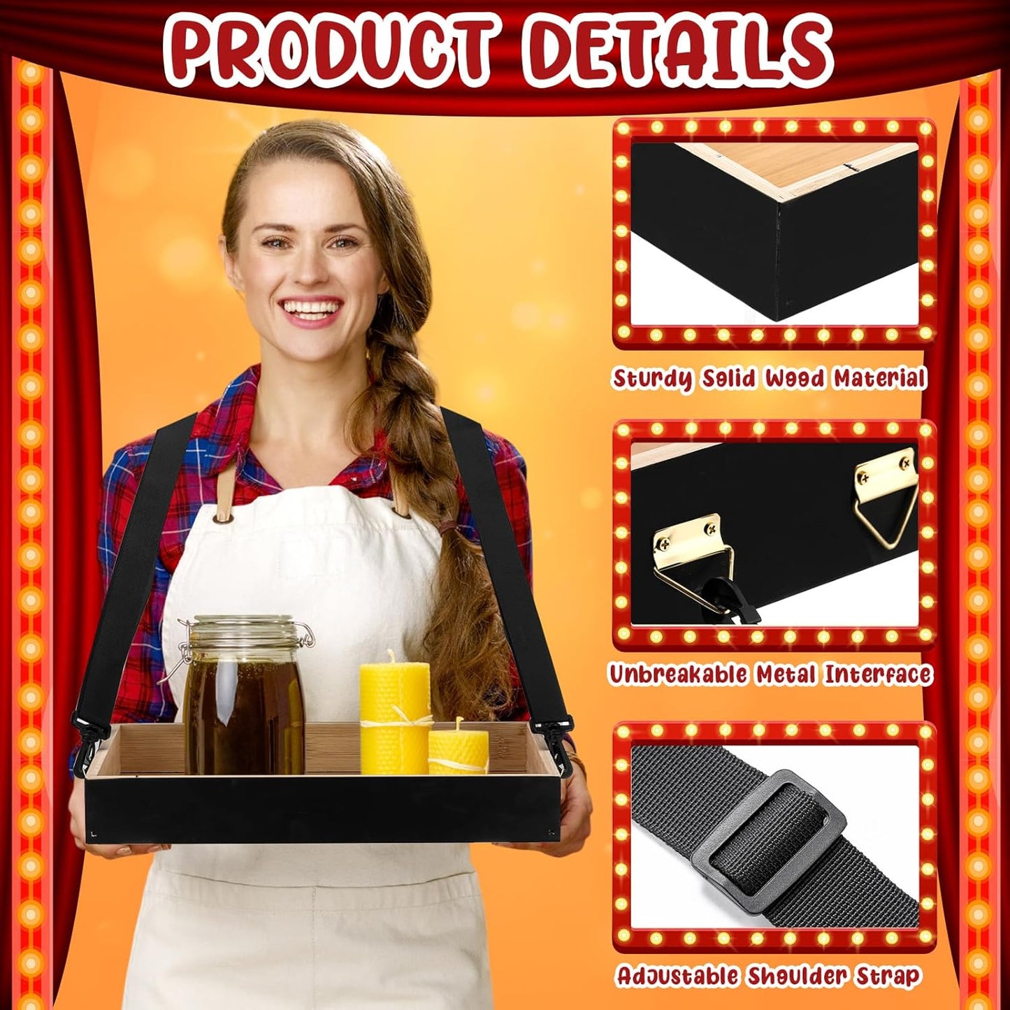 Marsui 2 Pcs Halloween Snack Trays with Straps 15 x 11 x 2 Inch Wooden Movie Night Snack Drink Trays Vendor Usherette Popcorn Drink Beverage Carrier for 20's Theme Carnival Party Costume(Black)