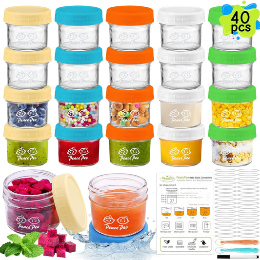 40 Pcs Glass Food Containers 4 OZ, Leak-Proof Reusable Storage Jars with Lids, Dishwasher Safe for Infant & Baby Food