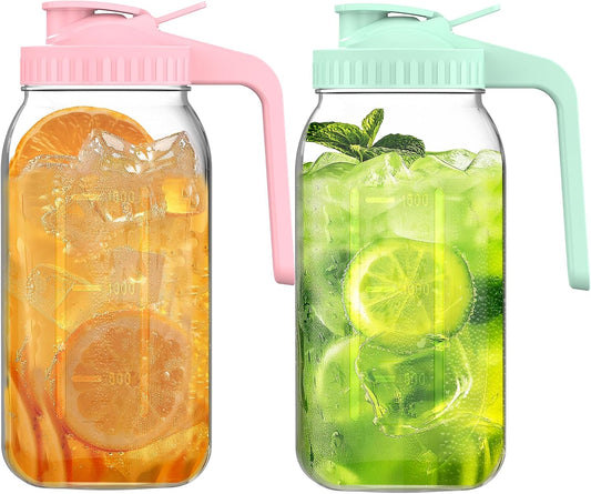 2-Pack 64oz Glass Mason Jar Pitchers with Leak-Proof Lids and Handles – Wide Mouth Design for Sun Tea, Cold Brew, Lemonade, Juice, Iced Tea, and Water
