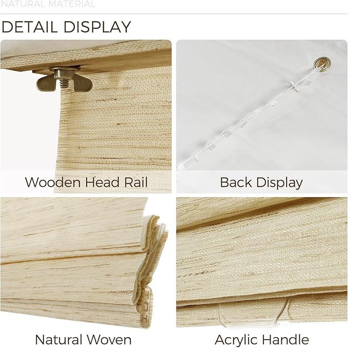 TWOPAGES Natural Woven Ramie Roman Shades, Custom Cordless No Drill or - Image 6