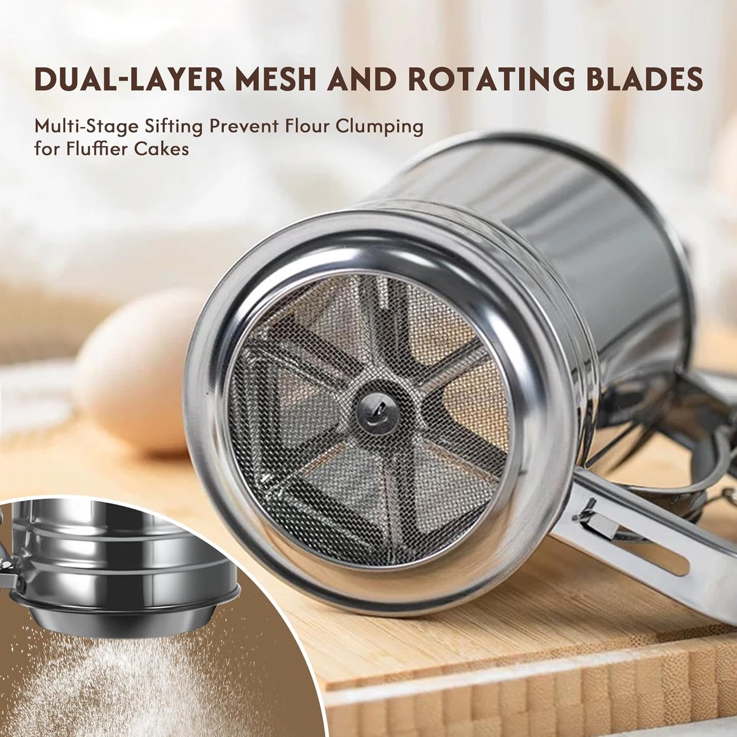 3-Cup Flour Sifter for Baking, Stainless Steel One-Hand Press Sifter with Double-Layer Fine Mesh - Includes Bonus Dough Scraper/Cutter for Bread & Pastry (White)