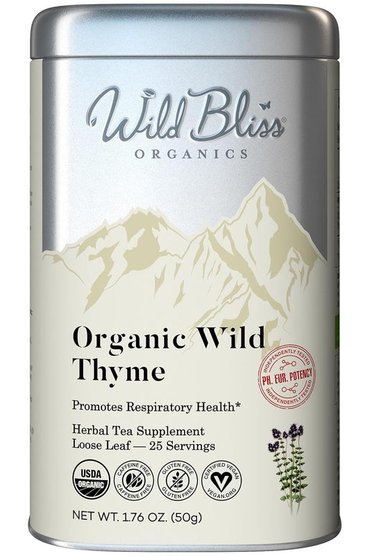Wild Bliss Organic Wild Breckland Thyme Tea - Caffeine Free Loose Leaf Herbal Tea - Resipratory and Digestion Support - 1.76 Oz - 25 Servings