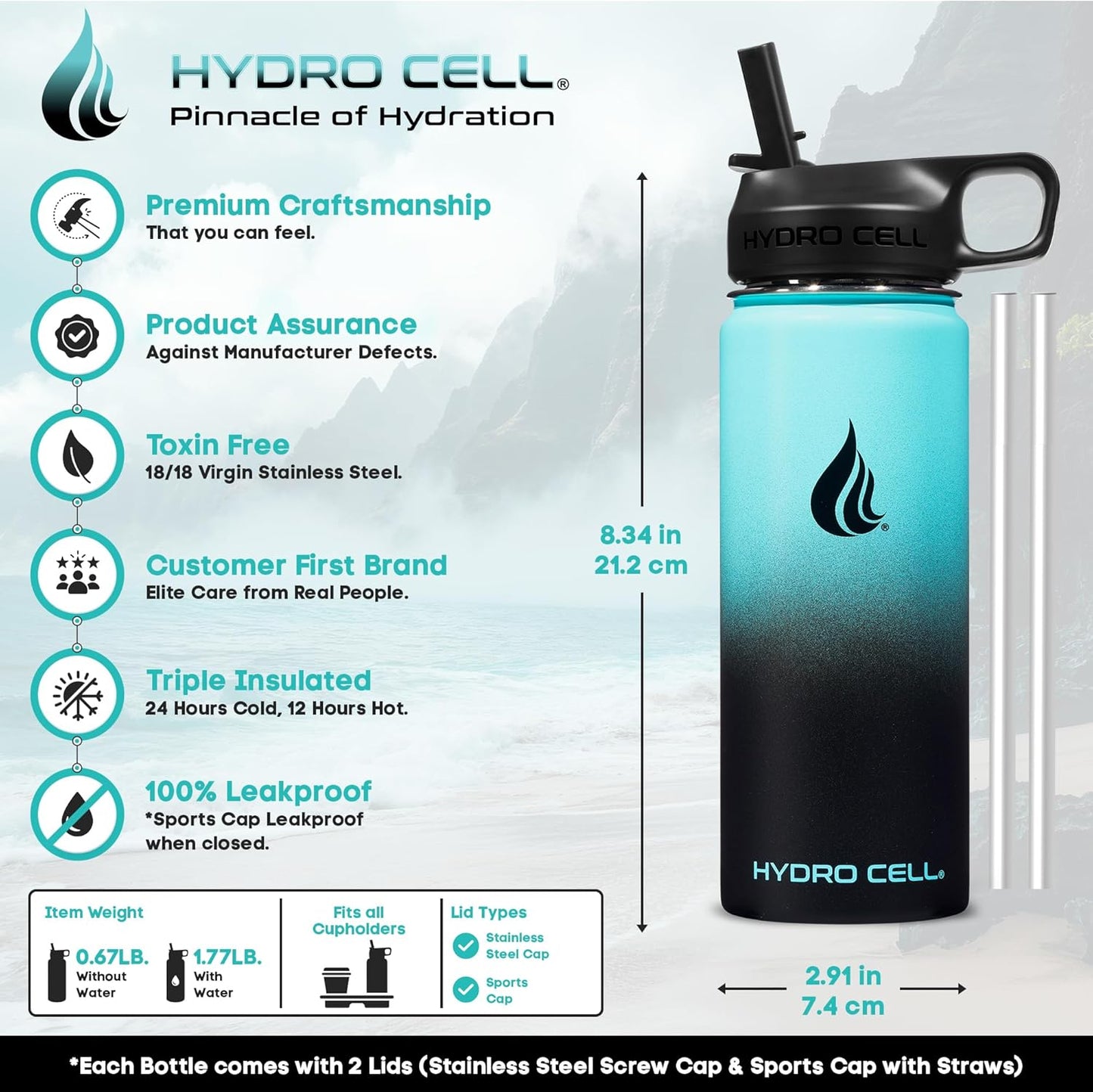 HYDRO CELL Stainless Steel Insulated Water Bottle with Straw - For Cold & Hot Drinks - Metal Vacuum Flask with Screw Cap and Modern Leakproof Sport Thermos for Adults (Teal/Black 18oz)