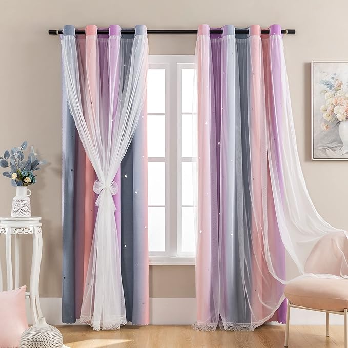 XiDi Curtains for Bedroom Decor, Rainbow GreyPinkPu-34-45 - Image 7