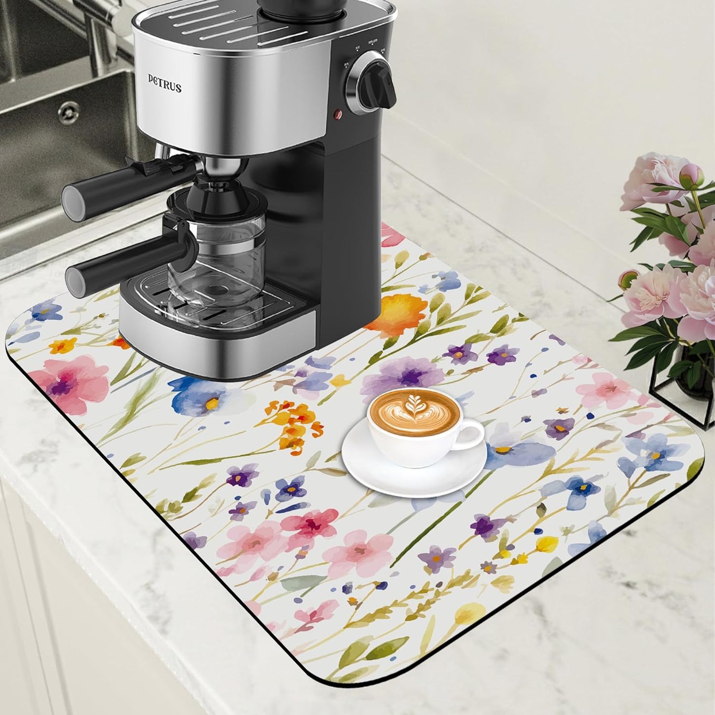 Watercolor Floral Meadow Coffee Mat Absorbent Dish Drying Mat for Kitchen Counter Hide Stain Rubber Backed Coffee Bar Accessories Fit Under Espresso Machine Dish Drainer, 11.8 x 19.7 Inch