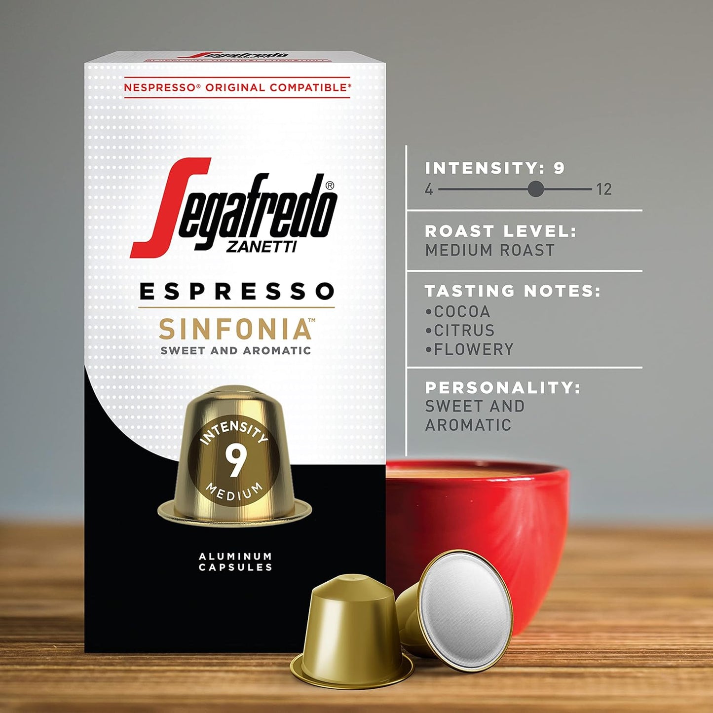 Segafredo Zanetti Espresso Capsules – Aluminum Pods for Nespresso Original Machines – Medium Roast Premium Espresso with a Sweet Aroma – Subtle, Intensity 9 – Sinfonia, 10 Count (Pack of 4)