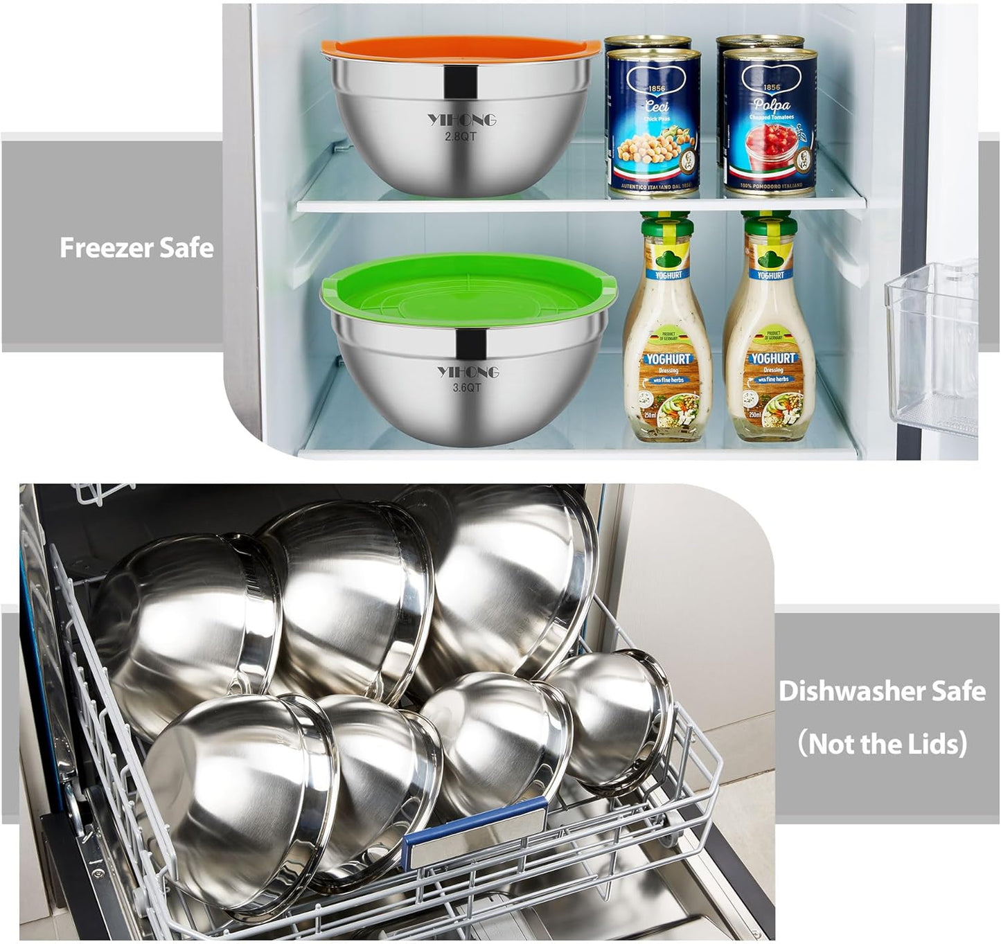 YIHONG 7 Piece Metal Mixing Bowls with Lids for Kitchen, Stainless Steel Set Ideal for Baking, Prepping, Cooking and Serving Food, Nesting Design for Space Saving Storage