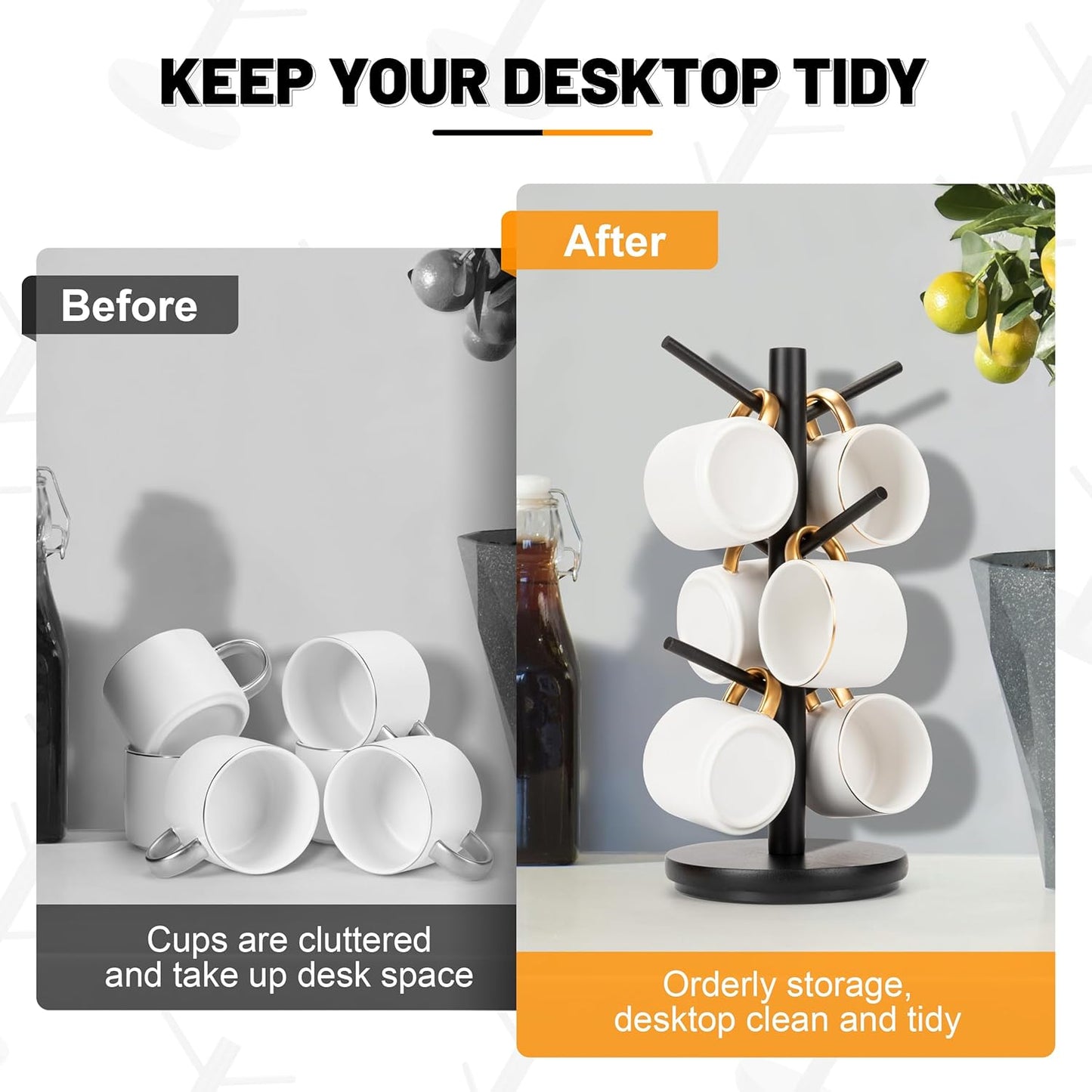 MyLifeUNIT Mug Holder Tree, 360° Rotated Coffee Cup Holder with 6 Hooks, Wooden Coffee Mug Holder Organizer for Counter Top, Coffee Bar Accessories (Black)