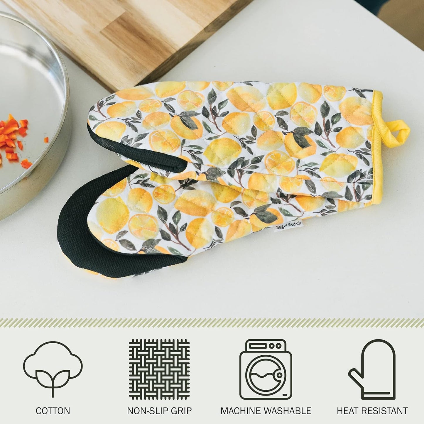 Heat Resistant Designer Kitchen Oven Mitts with Neoprene Non-Slip Grips and Hanging Loops | Set of 2 100% Cotton Long Sleeve Kitchen Oven Mitts | 5.5" x 12" | Yellow Lemons