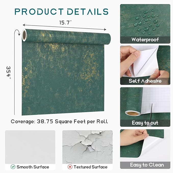 VEELIKE Distressed Teal Gold Metallic Peel and Stick Wallpaper Plaster Concrete - Image 9