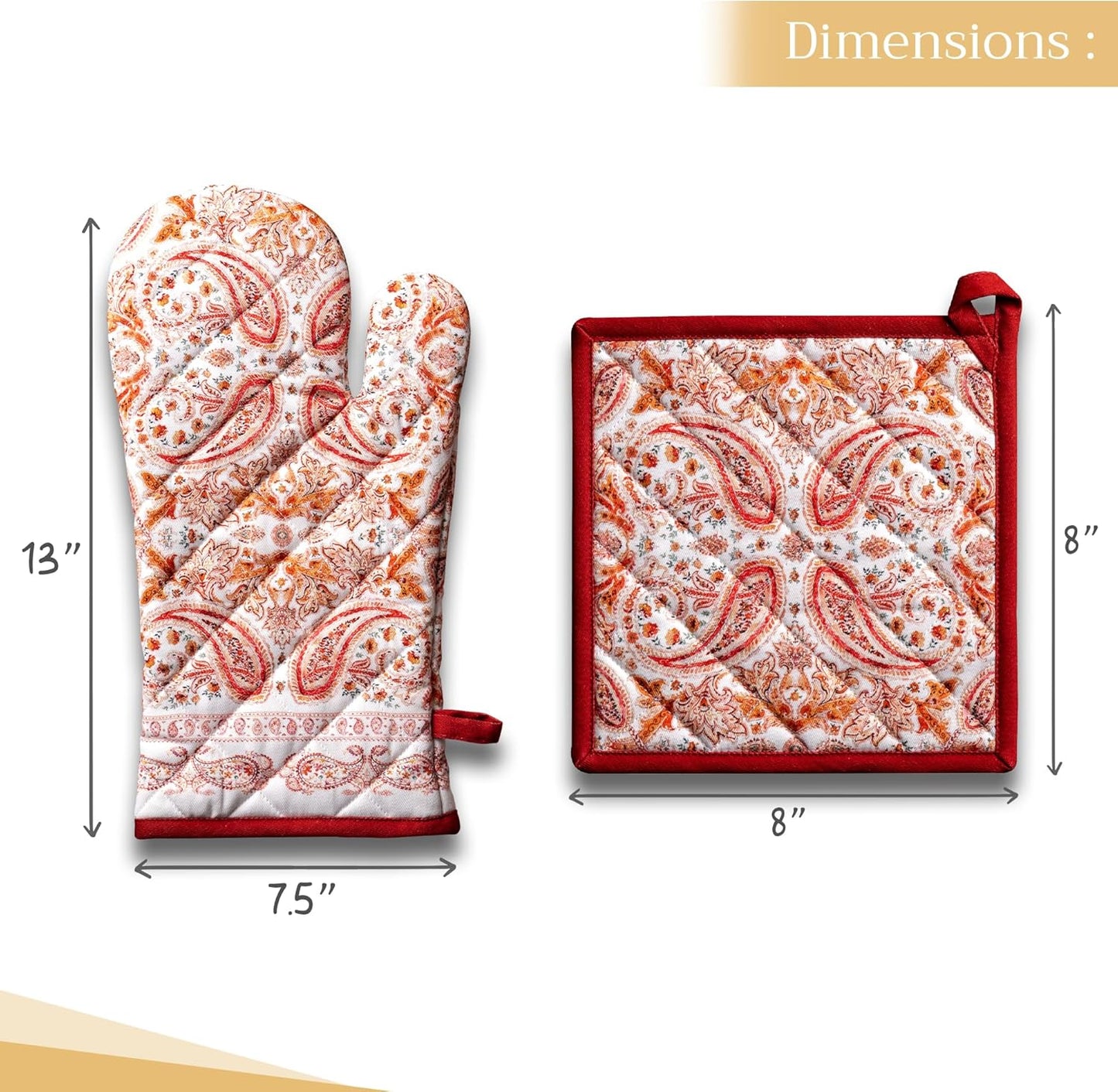 Maison d' Hermine 100% Cotton Oven Mitt & Pot Holder Set (7.5"x13" & 8"x8") Heat Resistant BBQ Cooking Gloves with Loop, Baking, Grilling, Kitchen, Handling Hot Pans (Orient)