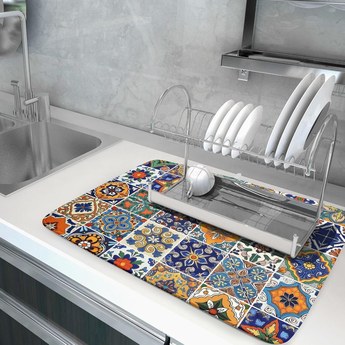 Talavera Mexican Tiles Dish Drying Mat for Kitchen Counter 18x24 Inch Mexican Flower Decorations Dish Draining Mat Mexican Tilt Fast Absorbent Tableware Dishes Pad for Coffee Bar Countertop