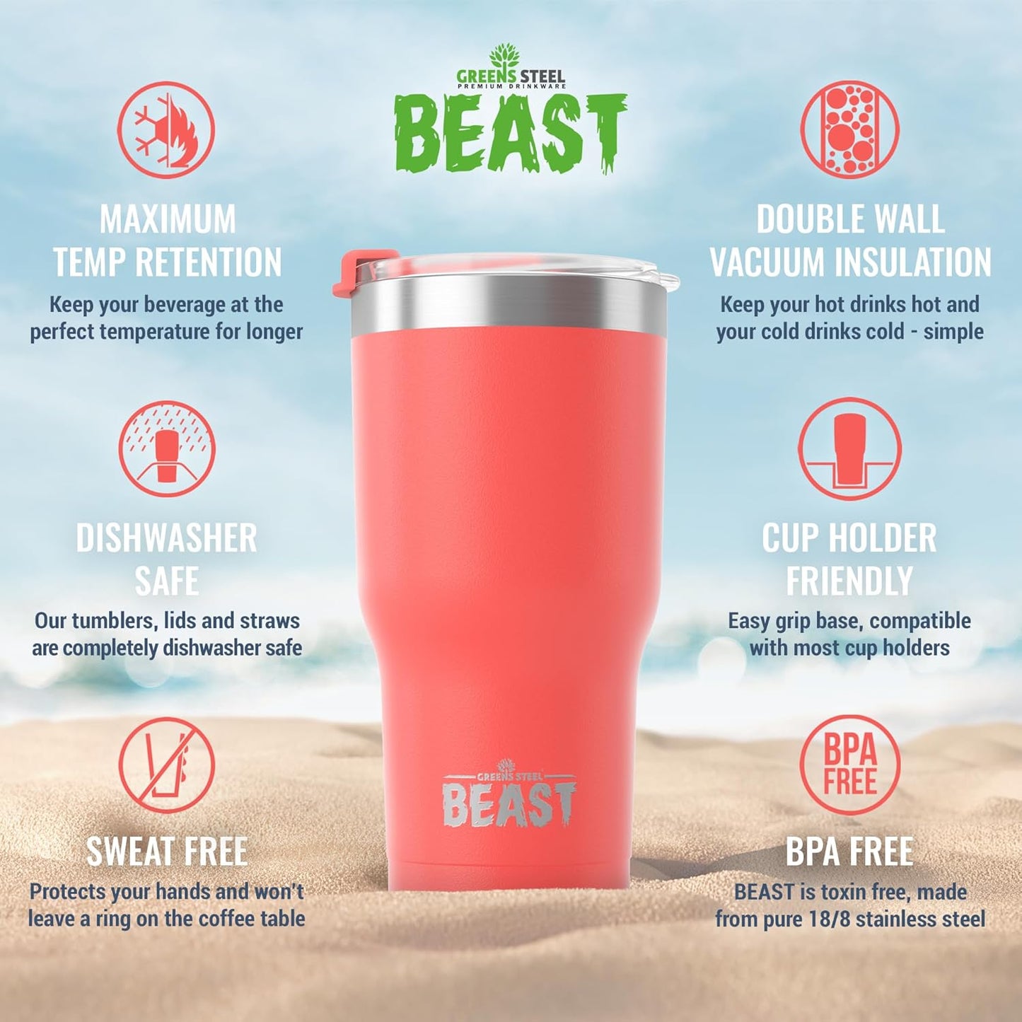 Beast 40 oz Tumbler Stainless Steel Vacuum Insulated Coffee Ice Cup Double Wall Travel Flask (Coral Pink)
