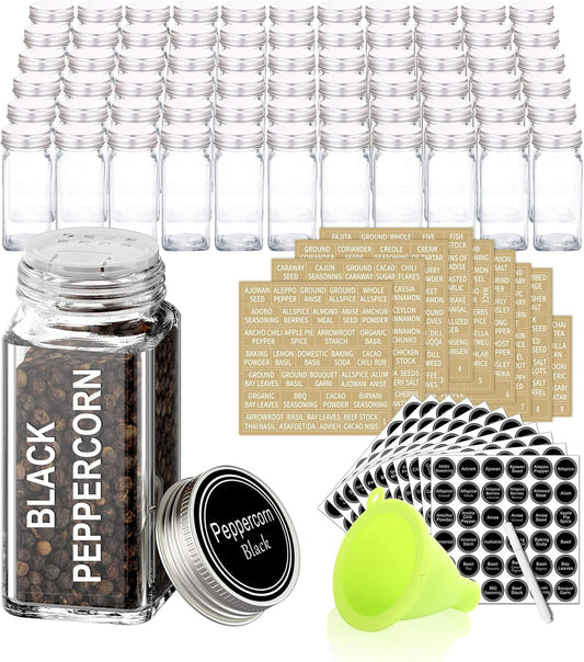 SWOMMOLY 66 Glass Spice Jars with 703 Spice Labels, Chalk Marker and Funnel Complete Set. 66 Square Glass Jars 4oz, Airtight Cap, Pour/sift Shaker Lid
