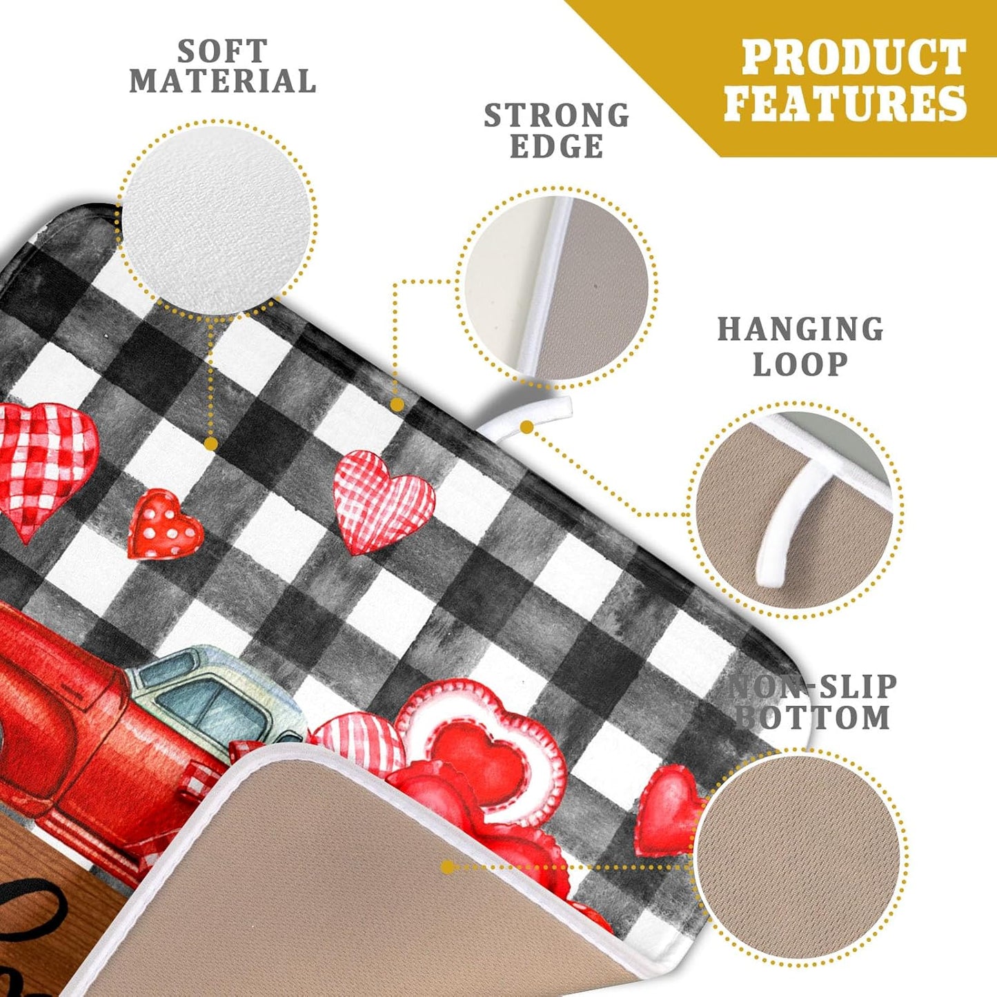 Valentine's Day Red Heart Truck Dish Drying Mat for Kitchen Counter,Black White Buffalo Plaid Love Drying Mat 16 x 18 Inch with Absorbent Reversible Microfiber Dish Drying Pad for Coffee Bar