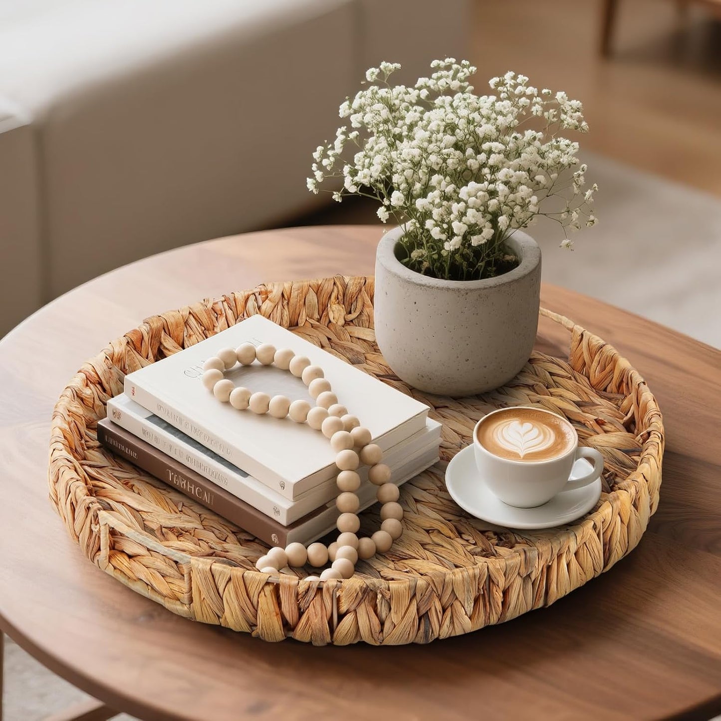 Round Ottoman Tray Large Wicker Serving Tray with Handles for Coffee Table, 20 Inch Handwoven Natural Water Hyacinth Tray