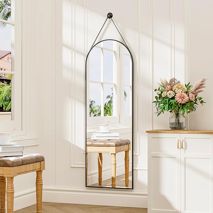 48"x16" Hanging Mirror with Leather Strap, Arched Full Length Mirror with - Image 2