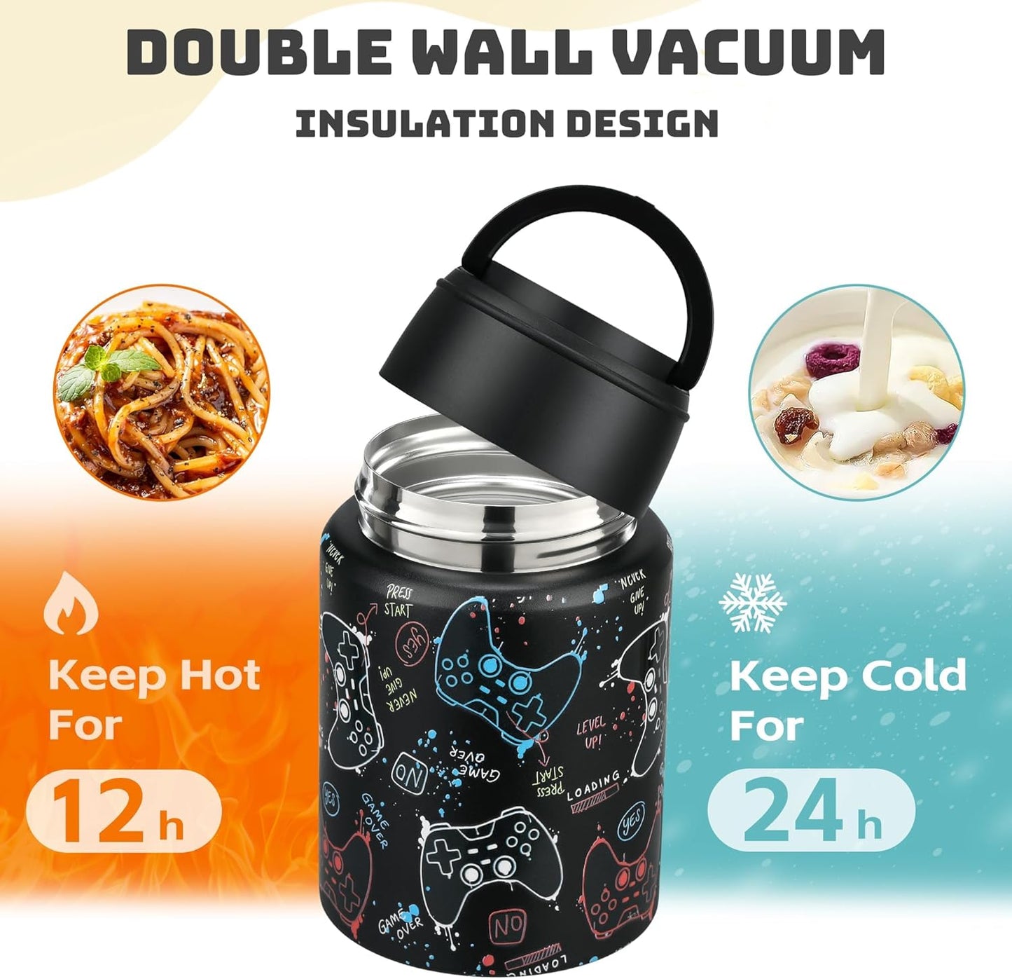 Soup Thermo for Hot Food Kids 16oz Insulated Food Jar Leakproof Thermo Lunch Container for Kids Wide-Mouth Stainless Steel Lunch Box for School with Handle Folding Spoon(3+)