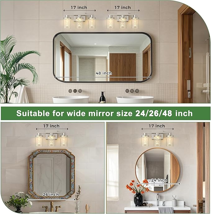 DORESshop 3-Light Brushed Nickel Bathroom Light Fixtures, Crystal LED Bathroom - Image 3