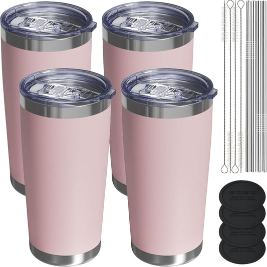 Travel Coffee Tumbler 20oz, 4 Pack Leakproof Travel Coffee Mug with Lid and Straw, Stainless Steel Double Wall Vacuum Insulated Tumbler for Hot/Iced Drinks (Textured Matte, Soft Pink)