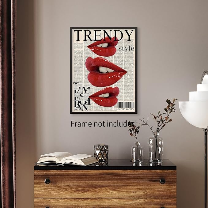 jkahh Trendy Y2k Newspaper Wall Art Vintage Red Lips Kiss Prints Poster Fashion - Image 5