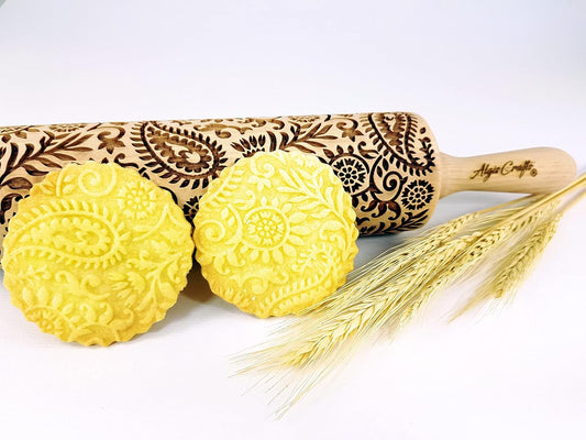 INDIAN embossing rolling pin with Indian Paisley Pattern. Dough roller for embossed cookies and Pottery by Algis Crafts