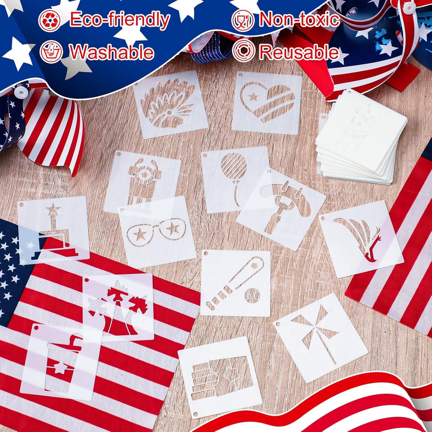 100 Pcs Stencils for Painting on Wood Reusable Stencil Crafts Drawing Templates Holiday Stencils Wall Paper Stencil Set for DIY Art Scrapbook Home Decor 2 x 2 Inch (Patriotic Style)