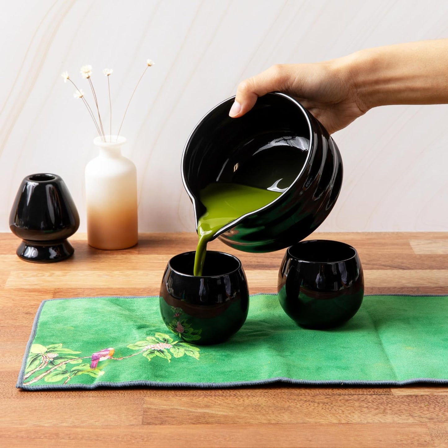 Marce Matcha Whisk Set- Matcha Set includes Matcha Whisk and Bowl (Bowl with Spout), Sifter, Holder and Scoop- The Perfect Bamboo Whisk for Matcha Tea (Black- 7PC)