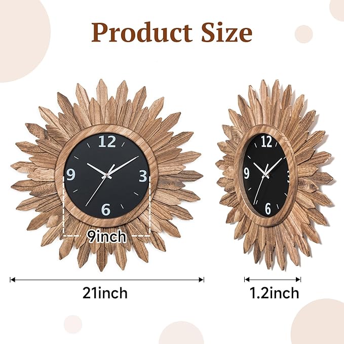 Honiway Large Wall Clock Battery Operated 21 in Rustic Wood Boho Sunburst - Image 2
