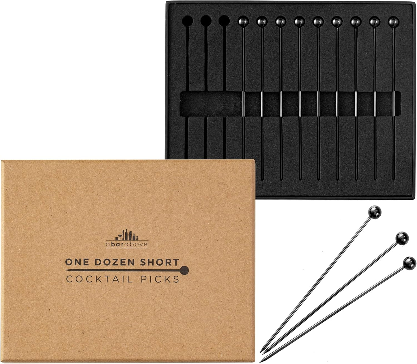 A Bar Above Short Black Cocktail Picks, Metal Stir Sticks Drink Garnish, Bloody Mary Skewers, Shrimp Cocktail, and More, Cocktail Toothpicks for Appetizers, 12 Cocktails Sticks for Drinks