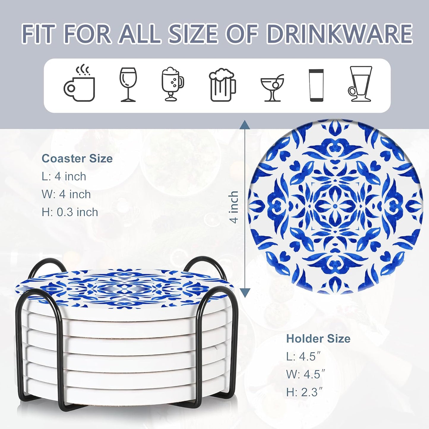 Drink Coasters Set of 6 with Holder, Handpainted Blue Pattern Absorbent Ceramic Coasters with Cork Base,Fit All Cups,Great Gift for Housewarming,Room Decor,Bar,Holiday Party