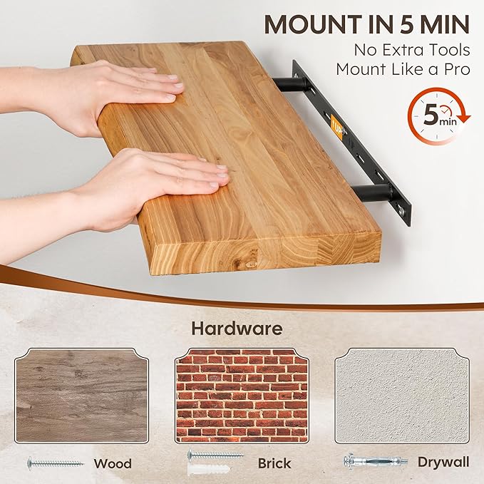 Floating Shelves Set of 2, Solid Elm Wood Wall Shelves 24 Inch - Image 4